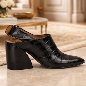 Chloe Wave Black Croc-Embossed Pointed-Toe Wedge Heel Sling Back Pumps Size 37